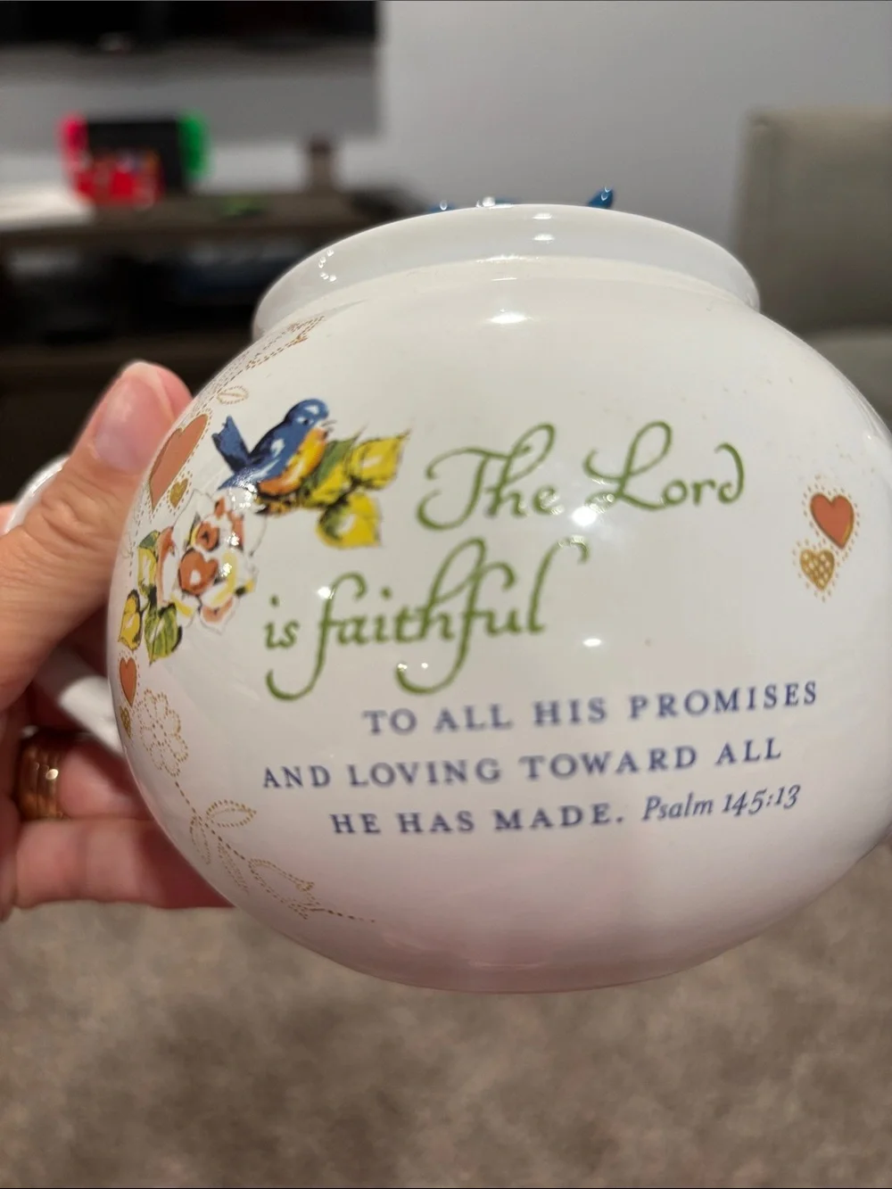 White Ceramic Teapot with Blue Bird Lid and Faith-Inspired Design